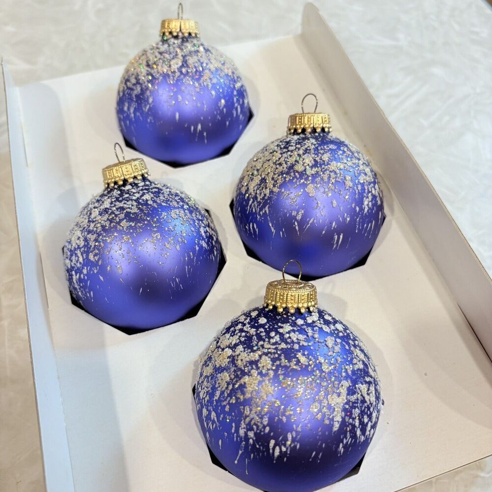 Vintage Christmas Tree Ornaments PURPLE BLUE WITH SNOW 4 Glass Krebs in Box